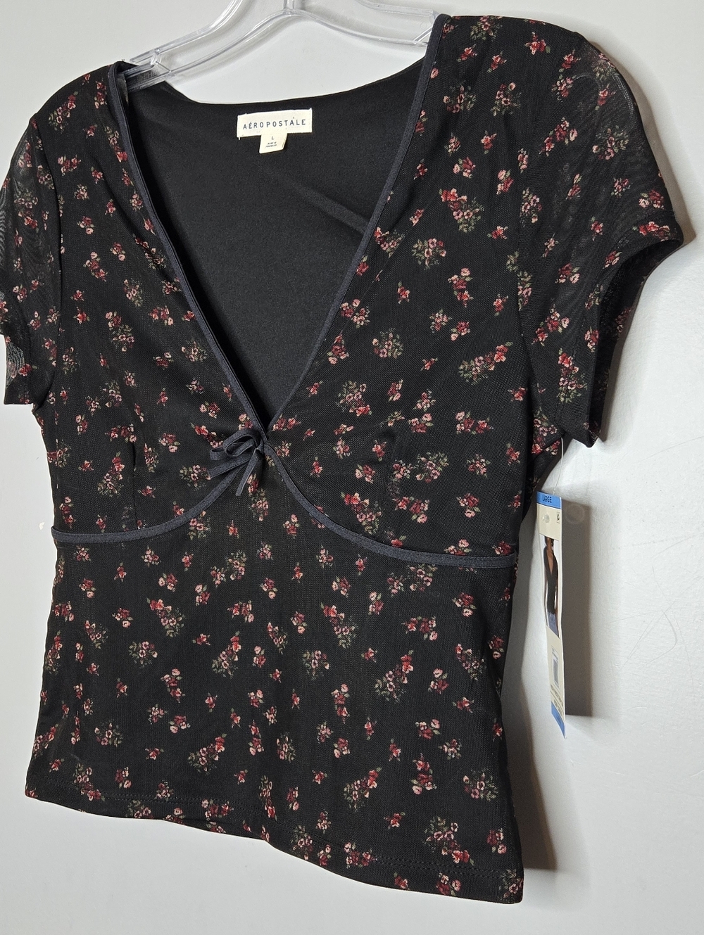 NWT Aeropostale Black Floral Mesh V-Neck Crop Top Baby Tee Coquette Y2K Bow Med